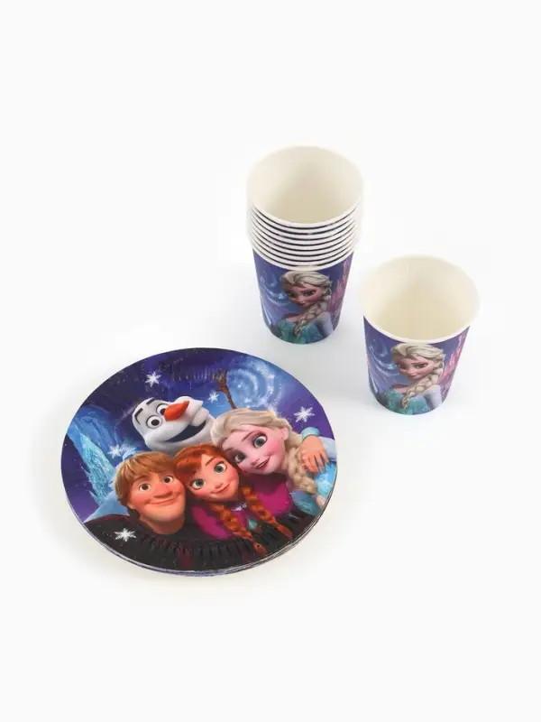 Посуда одноразовая бумажная на 10 персон: стаканы, тарелки, скатерть, Снежная принцесса Посуда одноразовая бумажная на 10 персон: стаканы, тарелки, скатерть, Снежная принцесса