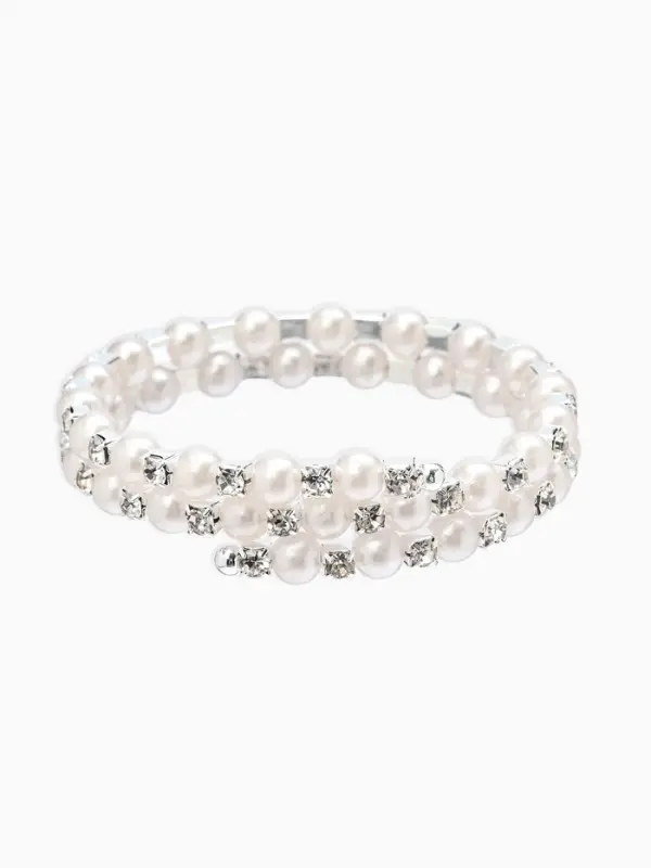 Браслет-пружинка &laquo;Жемчуг. Жемчужный ряд&raquo;, d=6.5 см, стразы, белый в серебре