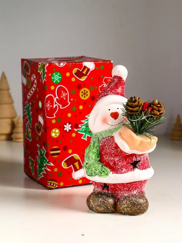 Сувенир керамика свет "Снеговик в красной шубке с еловой веточкой" 10х7,5х14,5 см