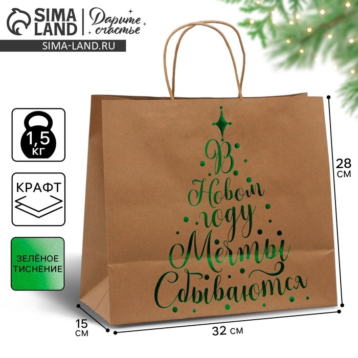 Пакет подарочный новогодний крафтовый Dreams come true, 32 х 28 х 15 см, Новый год Пакет подарочный новогодний крафтовый Dreams come true, 32 х 28 х 15 см, Новый год