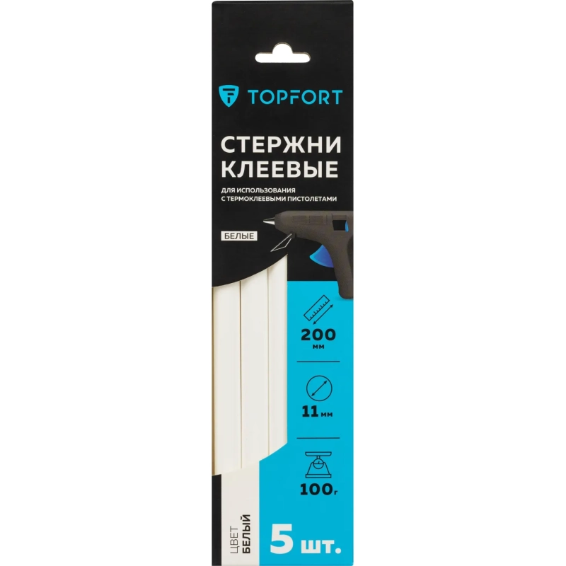 Стержни клеевые белые 11x200, упаковка 5 штук, Topfort