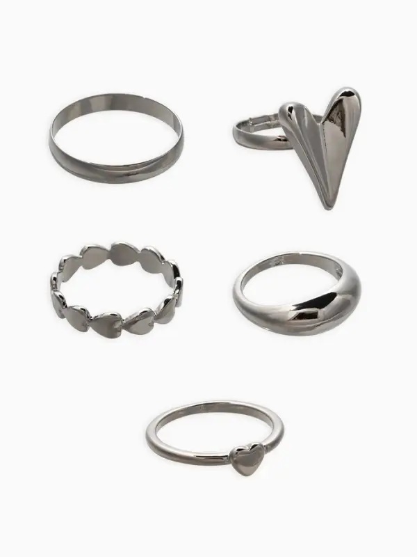 Набор колец 5 шт "Новый стиль" сердечки, размер МИКС, цвет серебро