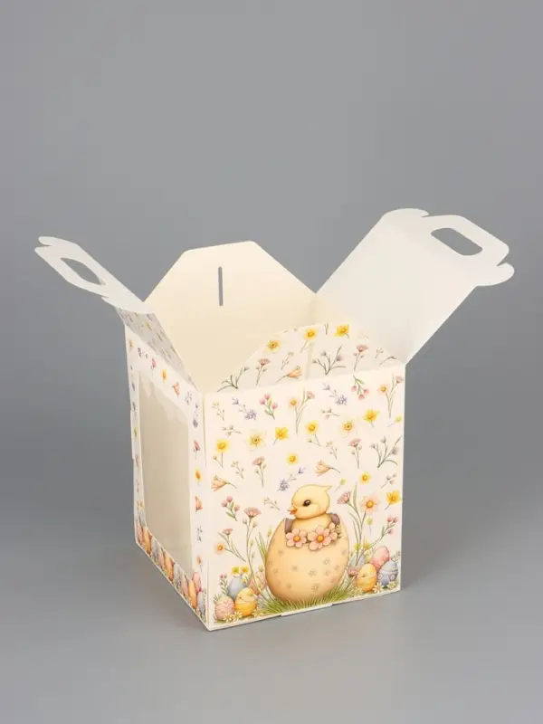 Коробка подарочная пасхальная с окном, с фронтальной загрузкой «Кролик в корзинке» 15×15×18 см
