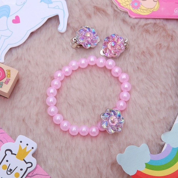 Набор детский 2 предмета: браслет, клипсы, цветок перламутровый, цвета МИКС Набор детский 2 предмета: браслет, клипсы, цветок перламутровый, цвета МИКС