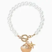 Набор 2 пред-та: бусы.браслет "Жемчуг", ракушка вонголе, цвет белый в золоте L=18/42см №8