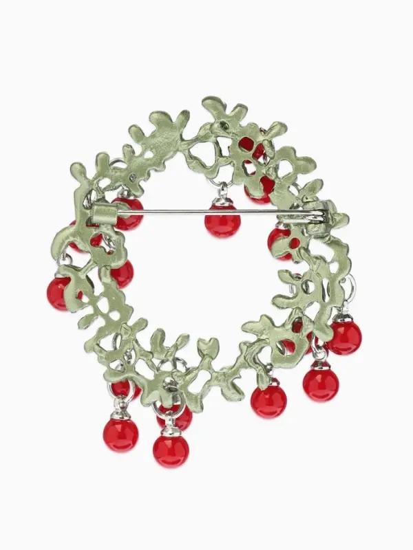 Брошь &laquo;Венок&raquo;, брусничный, красно-зелёная в серебре