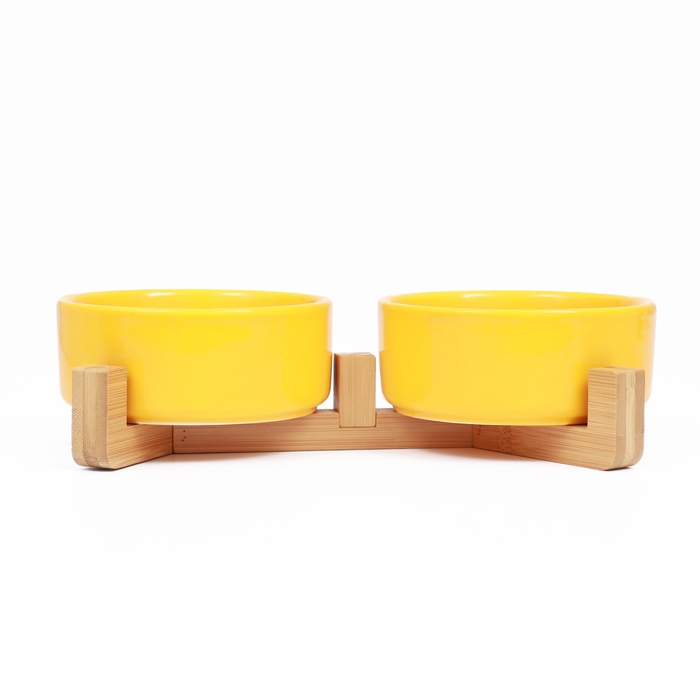 Миски керамические двойные на подставке 2 х 450 мл  28,5 х 15,5 х 7 см, жёлтая Миски керамические двойные на подставке 2 х 450 мл  28,5 х 15,5 х 7 см, жёлтая