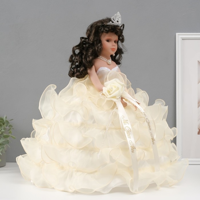 Кукла коллекционная зонтик керамика Кукла коллекционная зонтик керамика "Леди в молочном платье с розой, в тиаре" 45 см