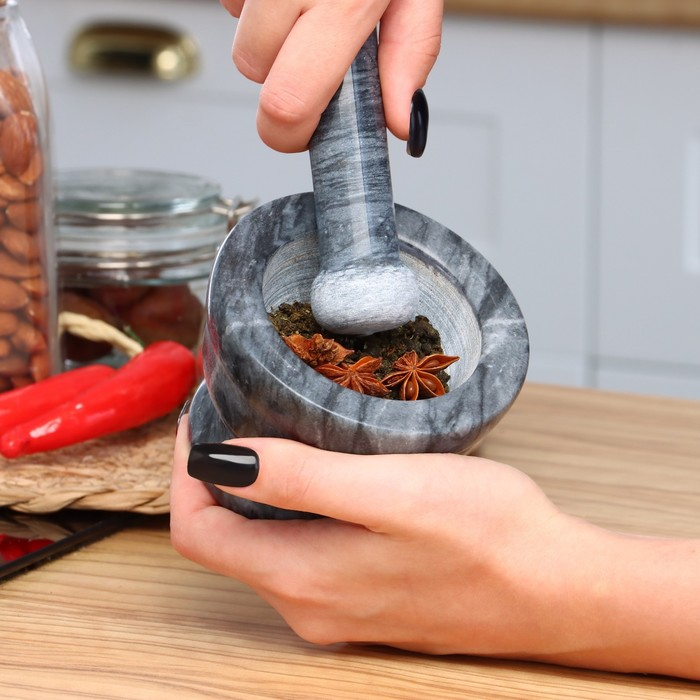 Ступка с пестиком, большая, 130 мл, 10см, чёрный мрамор Ступка с пестиком, большая, 130 мл, 10см, чёрный мрамор