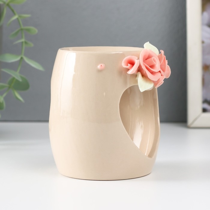 Аромалампа керамика  Аромалампа керамика "Сердце с розами" бежевая 8х8х9 см