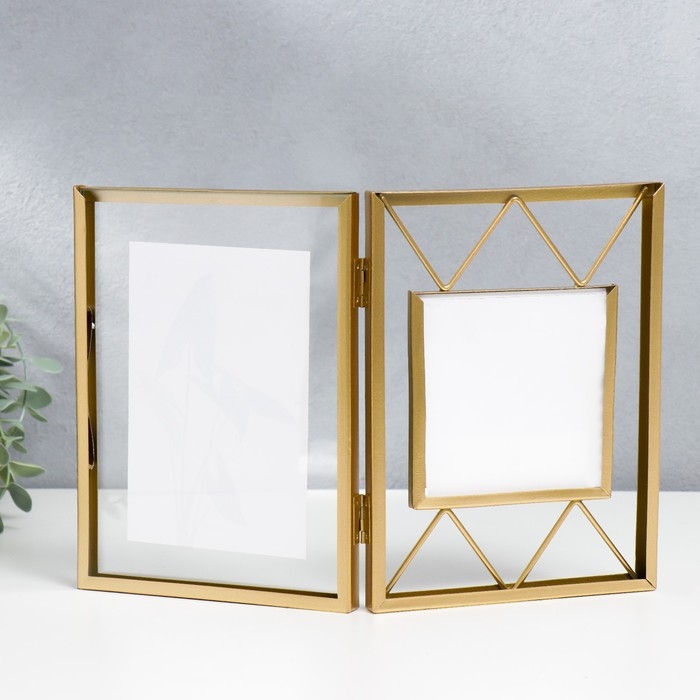 Фоторамка металл на 2 фото 10х10, 10х15 см  Фоторамка металл на 2 фото 10х10, 10х15 см "Лофт. Треугольники" золото 20х30,5 см