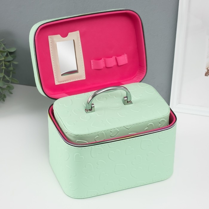 Шкатулка кожзам с зеркалом Шкатулка кожзам с зеркалом "Сердца" св-зелёная набор 3 шт 19х10,5х10,5 21х13х14 15х23х17 см