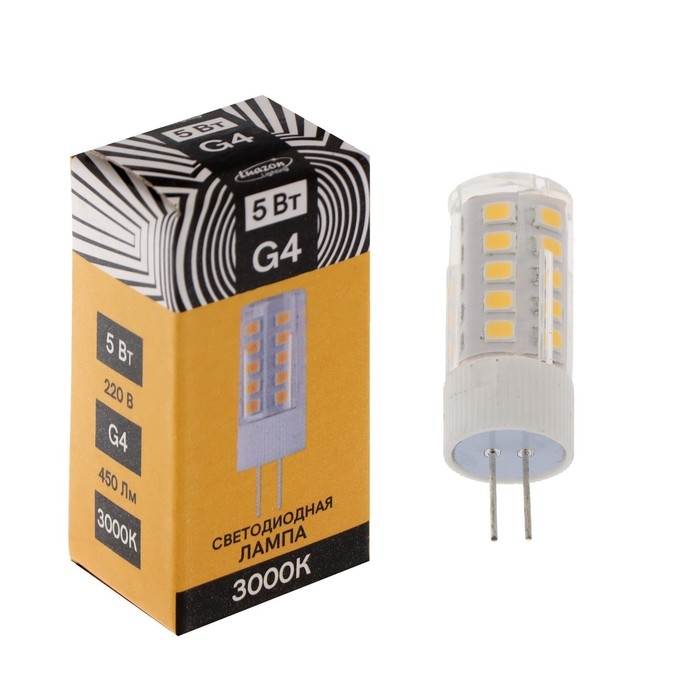 Лампа светодиодная Luazon Lighting, G4, 5 Вт, 220 В, 3000 K, 450 Лм, пластик Лампа светодиодная Luazon Lighting, G4, 5 Вт, 220 В, 3000 K, 450 Лм, пластик