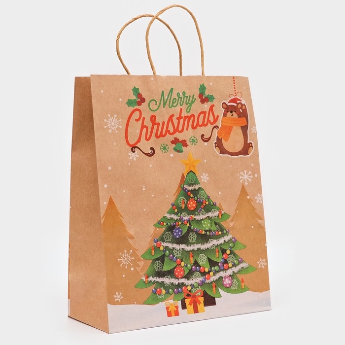 Новый год. Пакет бумажный подарочный новогодний крафт Новый год. Пакет бумажный подарочный новогодний крафт "Ёлка", 33 × 26 × 12 см.