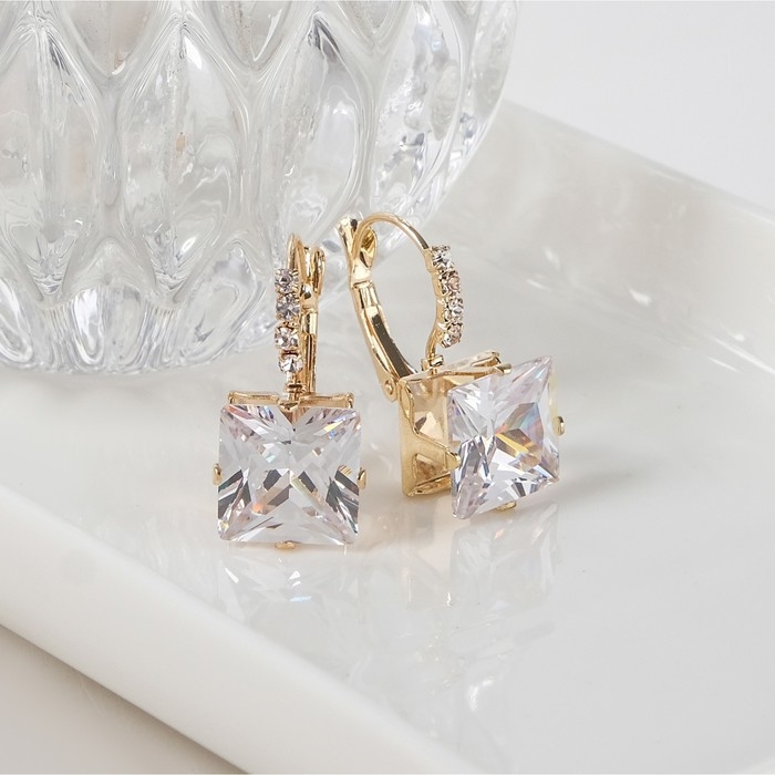 Серьги «Циркония» мини, квадрат, цвет белый в золоте