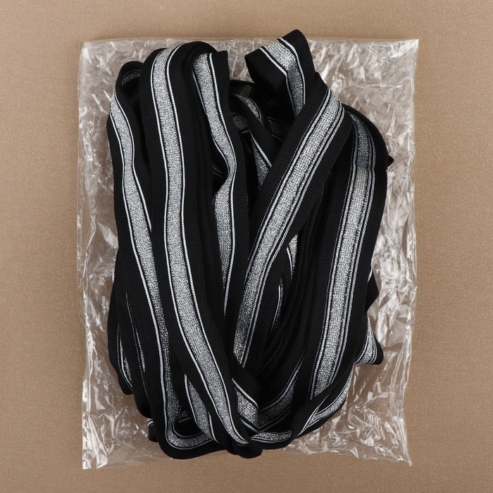 Тесьма трикотажная лампас 25 мм, 9 ± 0,5 м, цвет чёрный/серебряный