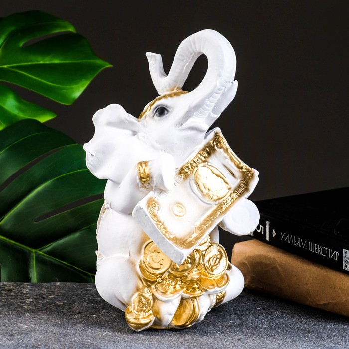 Копилка Копилка "Слон с деньгой" бело-золотой, 15х13х26см