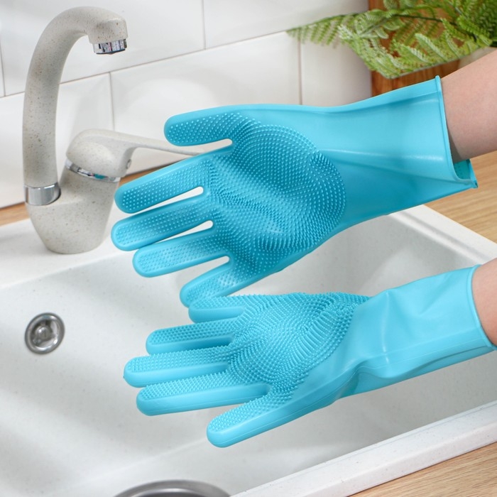 Перчатки хозяйственные Доляна, 28×14 см, силиконовые, цвет бирюзовый Перчатки хозяйственные Доляна, 28×14 см, силиконовые, цвет бирюзовый