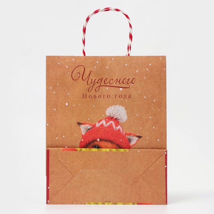 Новый год. Пакет бумажный подарочный новогодний крафт Новый год. Пакет бумажный подарочный новогодний крафт "Чудесного нового года" 18 х 22,3 х 10 см.