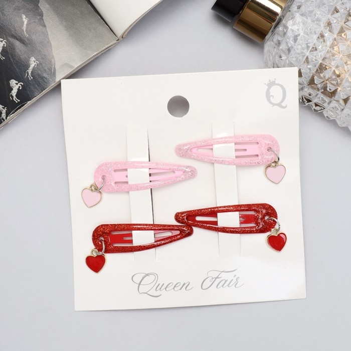 Невидимка для волос  Невидимка для волос "Офелия" (набор 4 шт) сердечки, 4,5 см, красный розовый