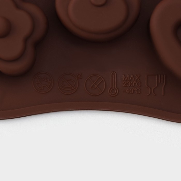 Форма для конфет и шоколада Доляна «Мишка, цветок, сердце», силикон, 19,7×10,5×1,5 см, 14 ячеек, цвет коричневый Форма для конфет и шоколада Доляна «Мишка, цветок, сердце», силикон, 19,7×10,5×1,5 см, 14 ячеек, цвет коричневый