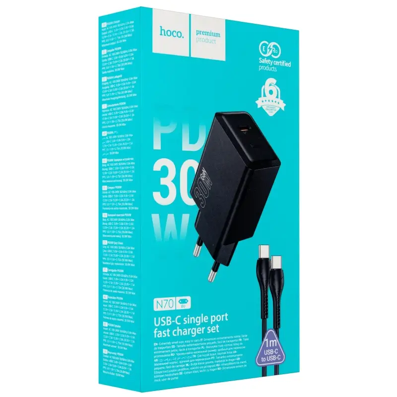 Сетевое зарядное устройство с кабелем Type-C на Type-C PD30W N70 HOCO черное