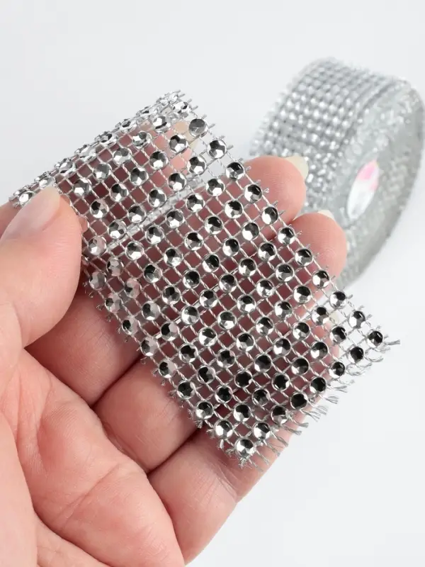 Лента с имитацией страз, 4 см, 9&plusmn;1 м, цвет серебряный