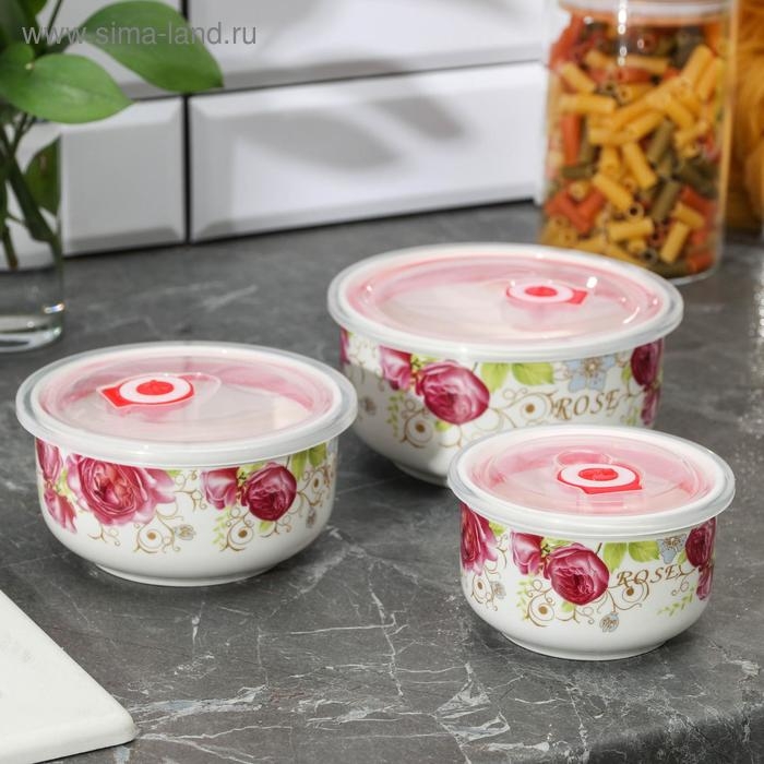 Набор салатников керамических с вакуумными крышками &laquo;Розалинда&raquo;, 3 предмета: 250 мл, 550 мл, 850 мл, d=15/13/9,5/ см