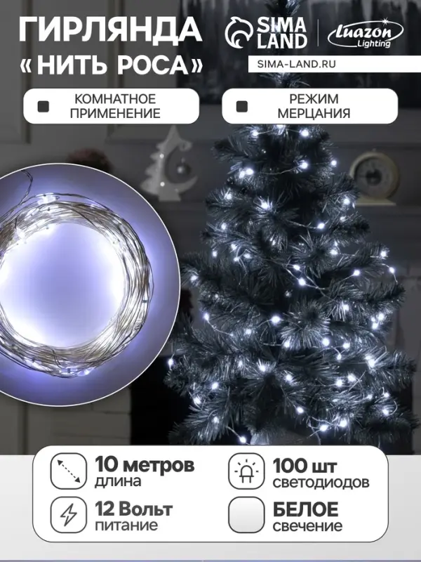 Гирлянда &laquo;Нить&raquo; 10 м, роса, IP20, серебристая нить, 100 LED, свечение белое, мерцание белым, 12 В