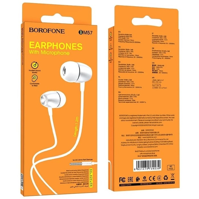 Наушники Borofone BM57 Platinum, вакуумные, микрофон, Jack 3.5 мм, кабель 1.2 м, серые Наушники Borofone BM57 Platinum, вакуумные, микрофон, Jack 3.5 мм, кабель 1.2 м, серые