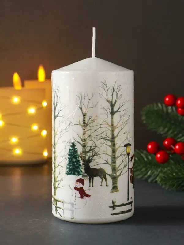 Свеча столб 70х140мм с декором, Дед мороз Свеча столб 70х140мм с декором, Дед мороз