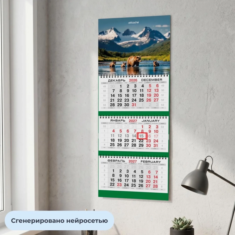 Календарь настенный 3-х блочный 2027 Attache Медведи 295х710мм
