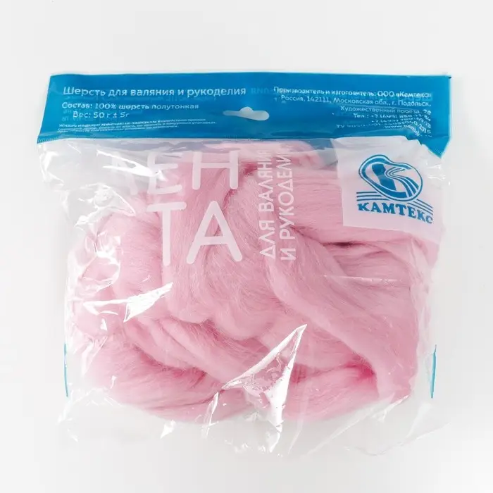 Шерсть для валяния Камтекс 100% полутонкая шерсть 50 г (055 св. розовый)