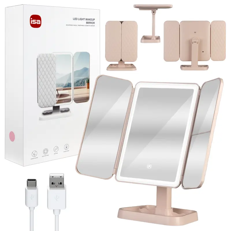 Настольное зеркало для макияжа с подсветкой ML-04 ISA розовое (18 шт/кор)