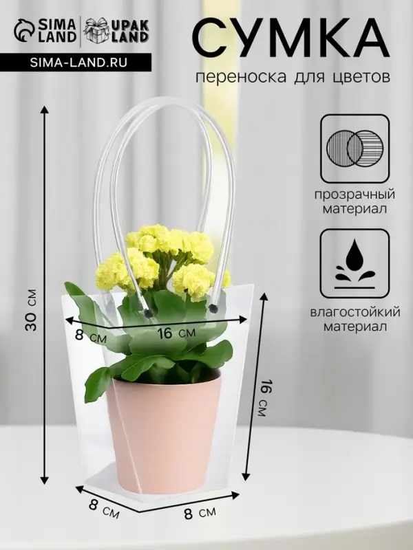 Сумка для цветов прозрачная влагостойкая, 16&times;8 - 8&times;8 - 16 см