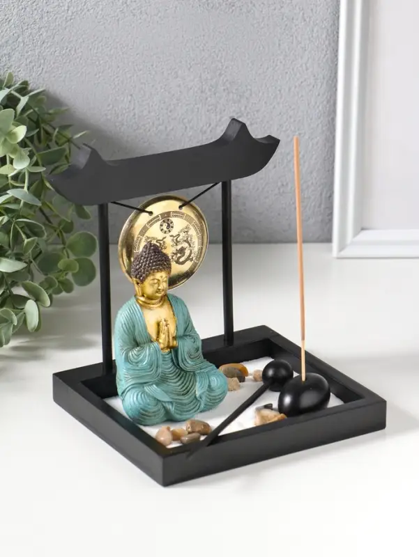 Сад Дзен "Будда в бирюзовом у гонга" песок+камни+аромапалочки 13,2х15х16 см