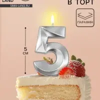 Свеча в торт на шпажке «Грань», цифра 5, серебро, 5 см