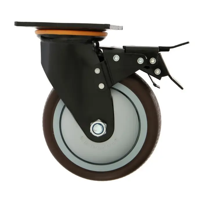 Колесо для транспортной тележек поворотное ТУНДРА, d=150 мм, на площадке, со стопором, покрытие TPR 9917