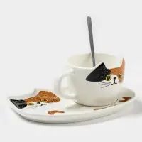 Чайная пара &laquo;Котик&raquo;, 3 предмета: чашка 200 мл, блюдце 18.8&times;13.6 см, ложка, керамика, белая