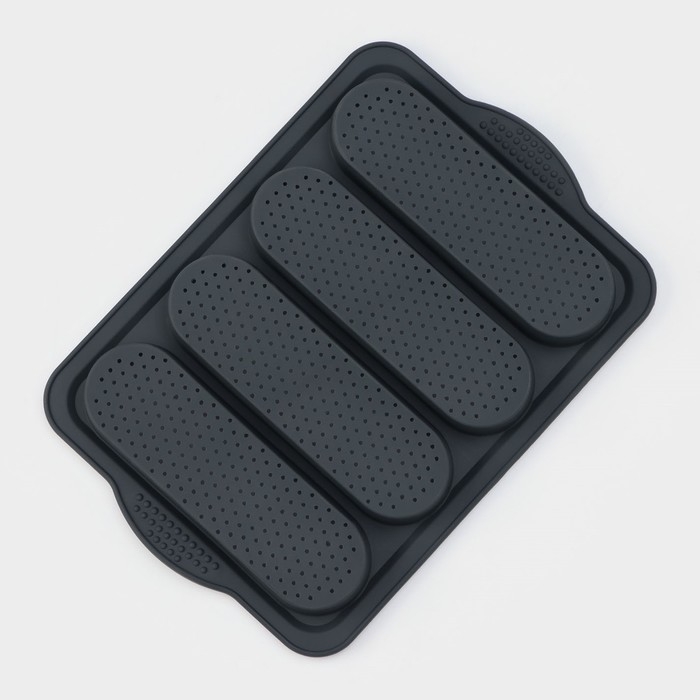 Форма для выпечки с перфорацией «Хлеб», силикон, 34,5×23,5×2,5 см, 4 ячейки (20×6,2×2,4 см), цвет серый Форма для выпечки с перфорацией «Хлеб», силикон, 34,5×23,5×2,5 см, 4 ячейки (20×6,2×2,4 см), цвет серый