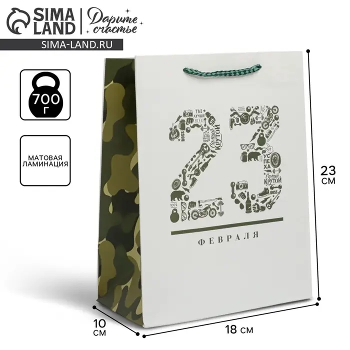 Пакет подарочный ламинированный, упаковка, &laquo;23 февраля&raquo;, MS 18&times;23&times;10 см