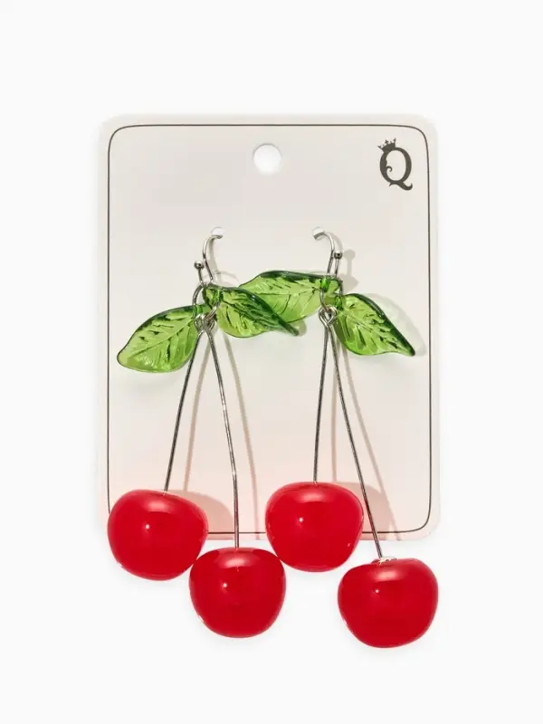 Серьги &laquo;Вишни&raquo;, красный, зелёный в серебре