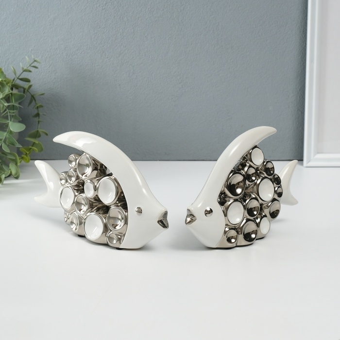 Сувенир керамика Сувенир керамика "Две рыбки - пузырьки" белый с серебром набор 2 шт 4,8х22х12 4,8х17,5х13 см 10323