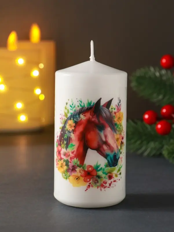 Свеча столб 50х100мм с декором, конь, белая Свеча столб 50х100мм с декором, конь, белая