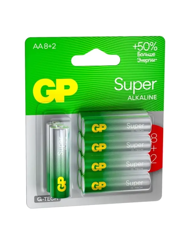 Батарейка алкалиновая GP Super, AA, LR6-10BL, 1.5 В, 8+2 шт.