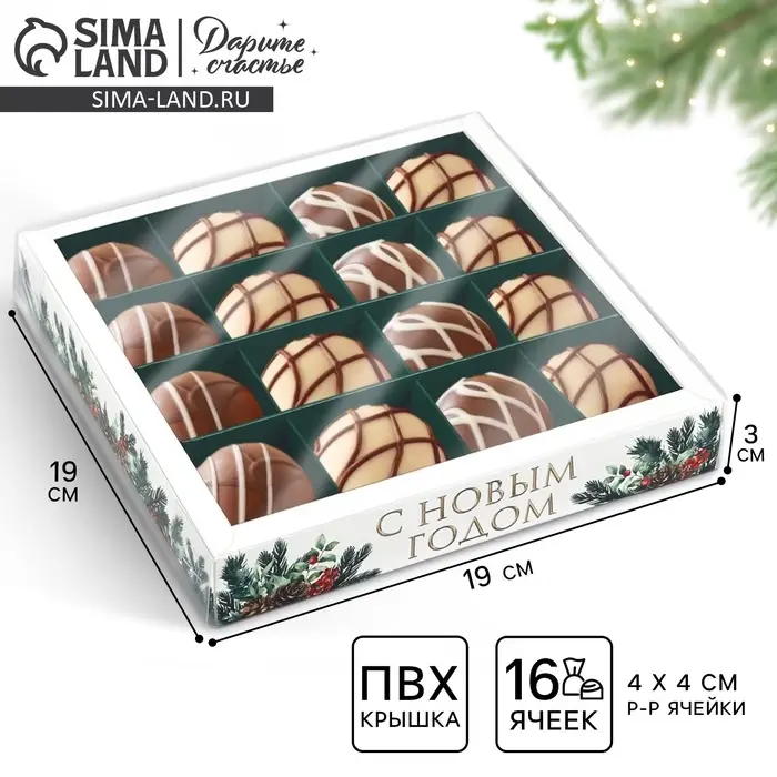 Коробка под 16 конфет с ячейками &laquo;Новогодняя ботаника&raquo;, 19&times;19&times;3 см