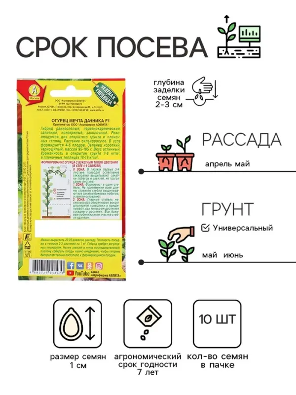 Семена Огурец Семена Огурец "Мечта дачника" F1, раннеспелый, партенокарпический, 10 шт