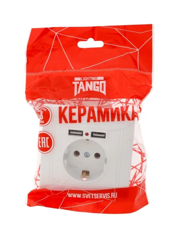 Розетка одноместная с 2&times;USB TANGO, 16 А, 250 В, IP 20, с заземлением, белая