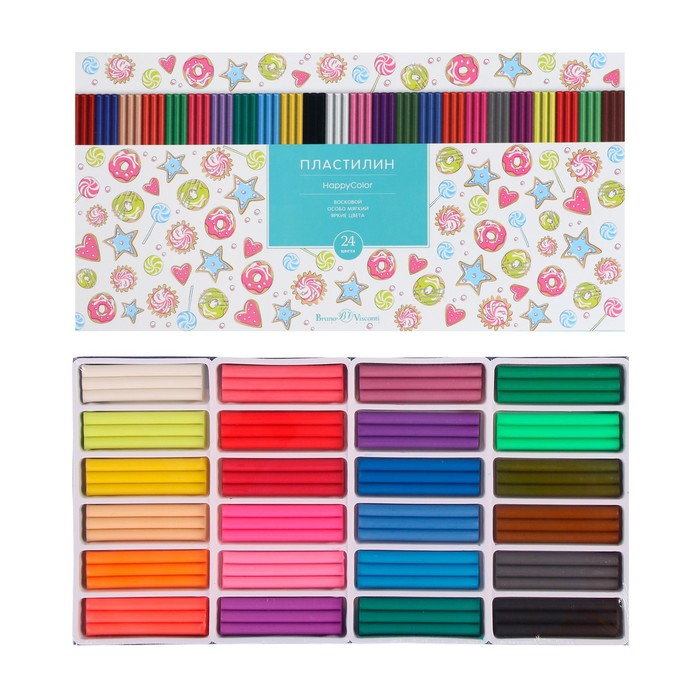 Пластилин мягкий (восковой) 24 цвета 500 г, Happycolor, МИКС Пластилин мягкий (восковой) 24 цвета 500 г, Happycolor, МИКС