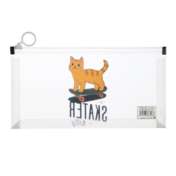 Папка-конверт на молнии формат А6, 180мкр, с рисунком Папка-конверт на молнии формат А6, 180мкр, с рисунком"Звери на скейтборде и сноуборде", МИКС